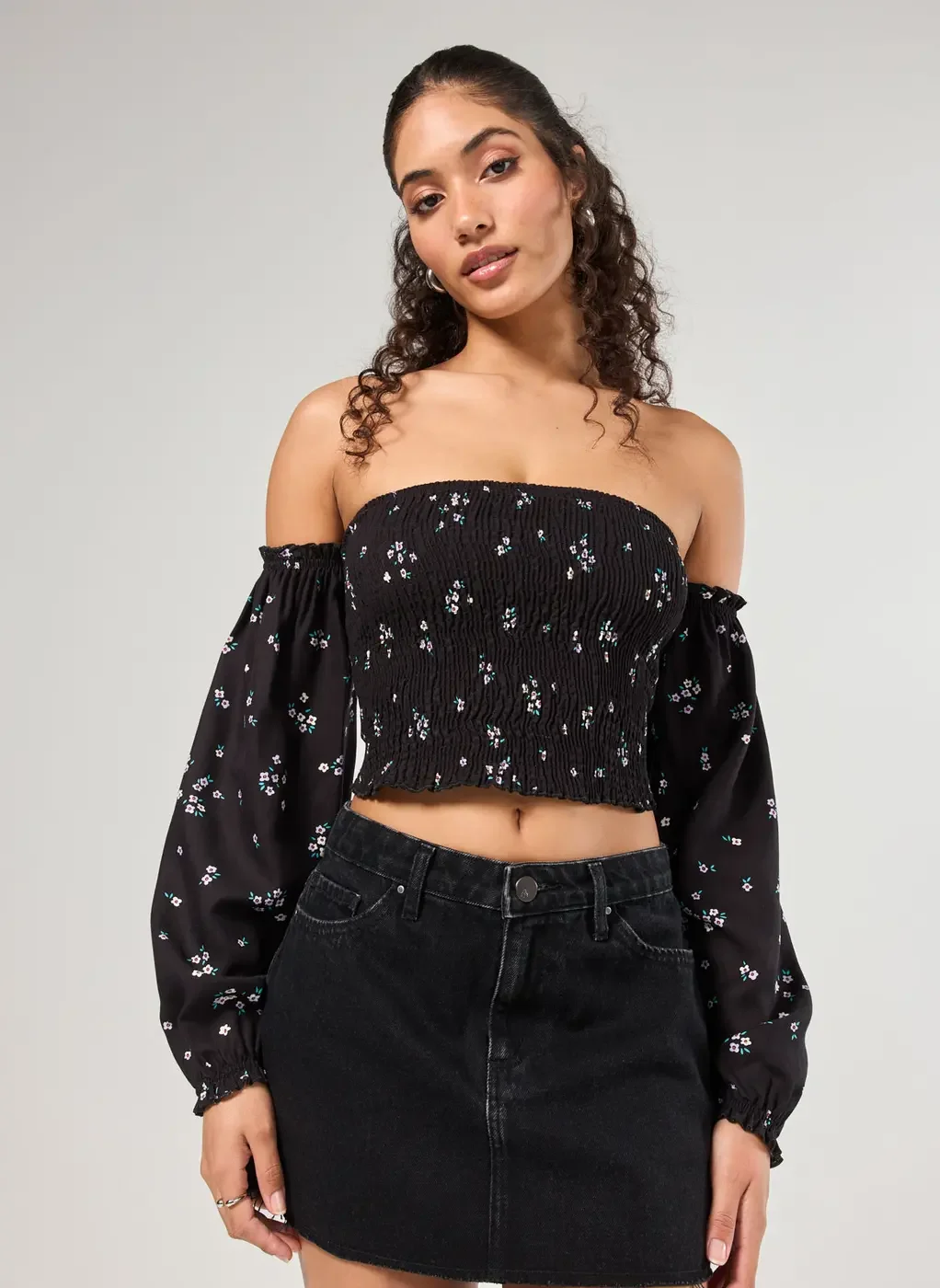 Cropped Manga Longa Preta Florida Lastex