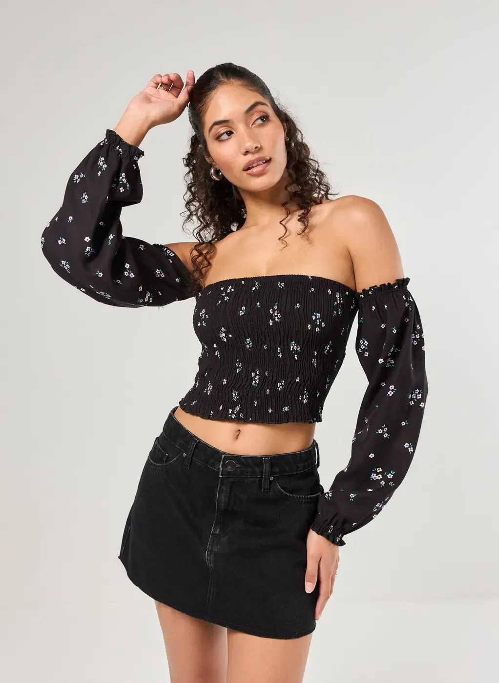 Cropped Manga Longa Preta Florida Lastex