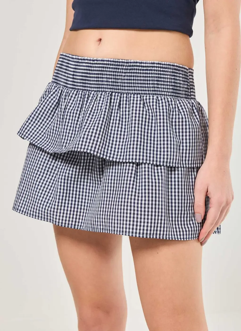 Saia Babados Lastex Xadrez Azul