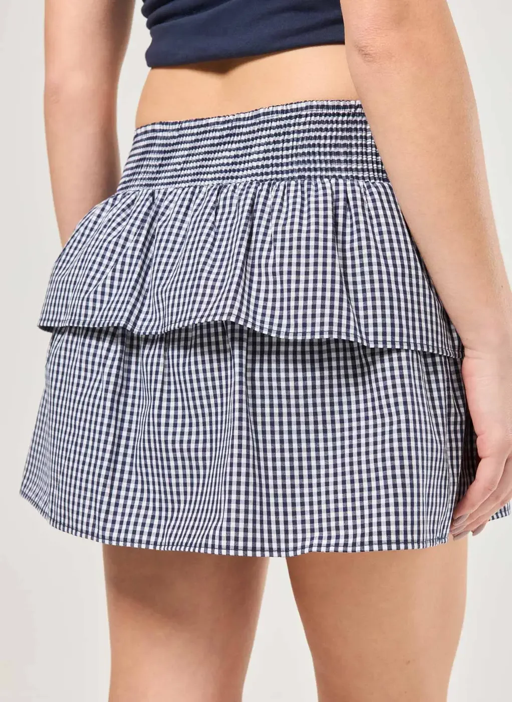 Saia Babados Lastex Xadrez Azul