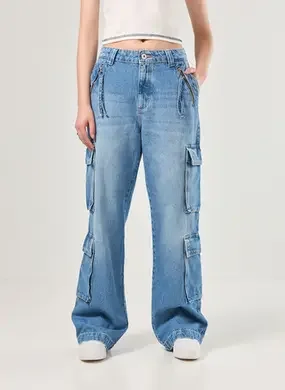 Calça Jeans Cargo Wide Leg
