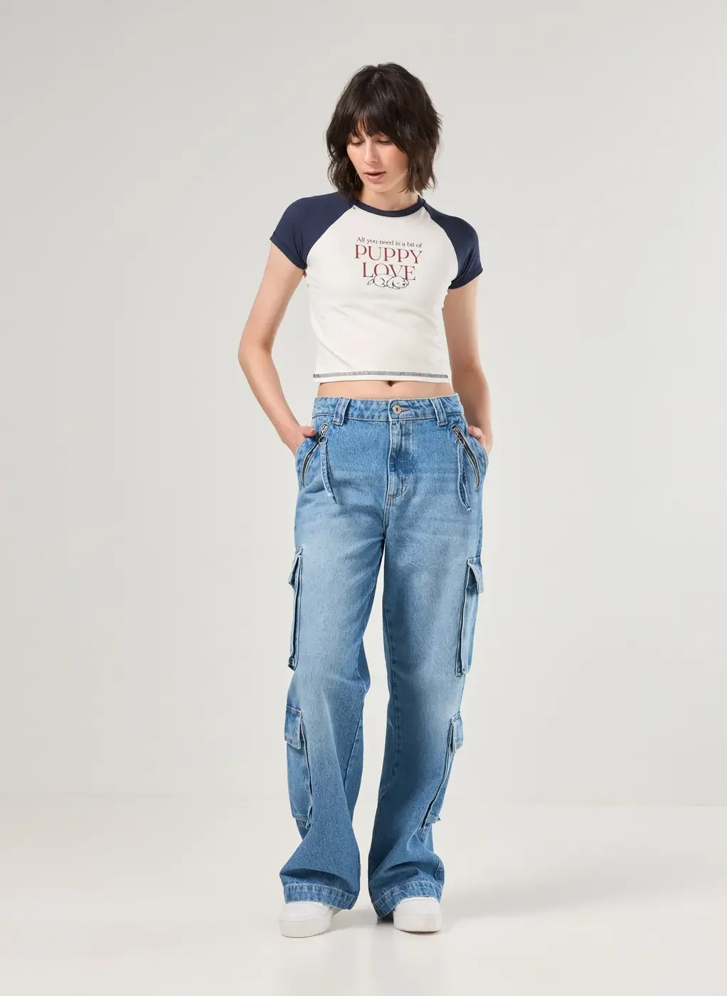 Calça Jeans Cargo Wide Leg