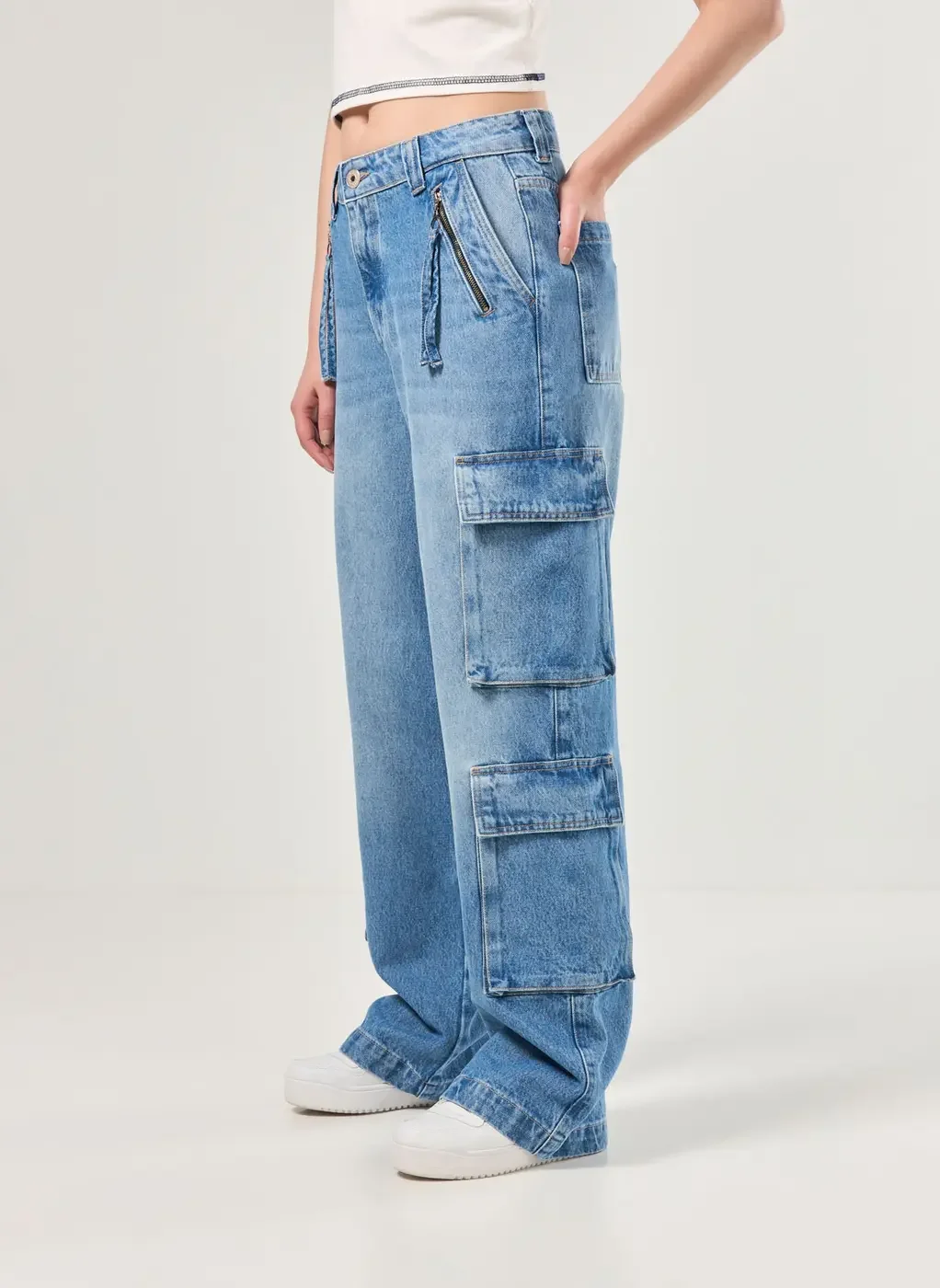 Calça Jeans Cargo Wide Leg