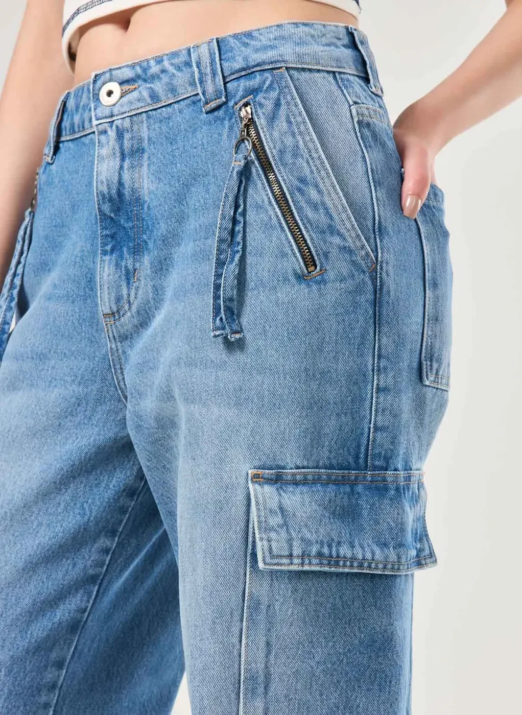 Calça Jeans Cargo Wide Leg