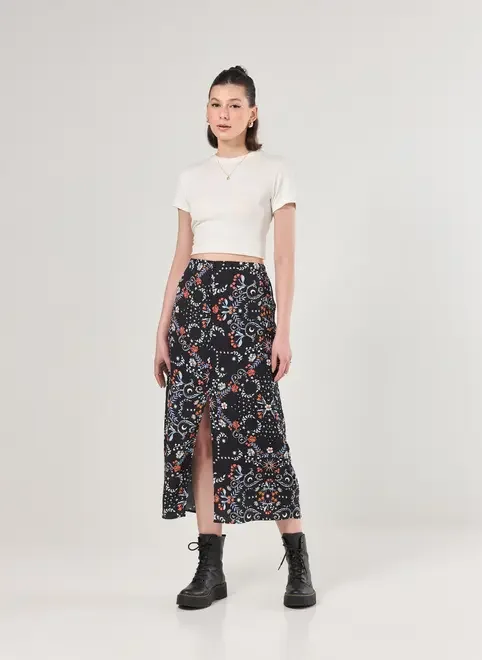 Saia Midi Preta Estampa Florida