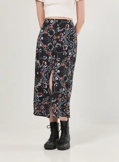 Saia Midi Preta Estampa Florida