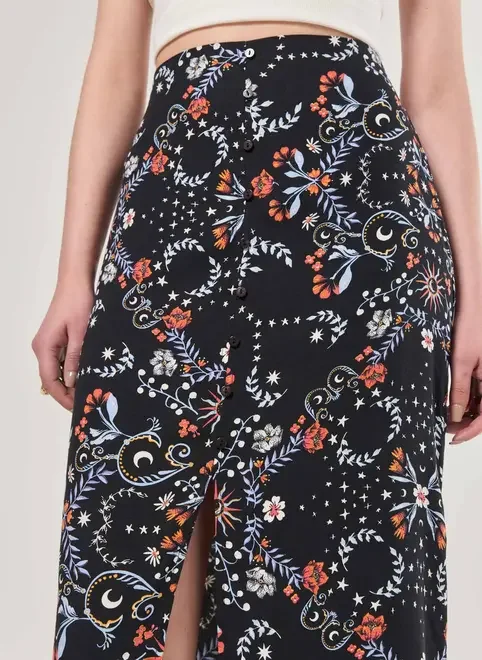 Saia Midi Preta Estampa Florida