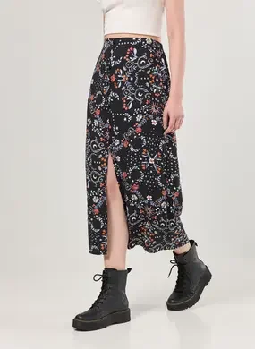 Saia Midi Preta Estampa Florida