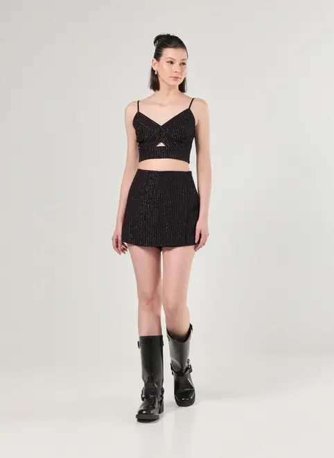 Short Saia Preto Fios Lurex