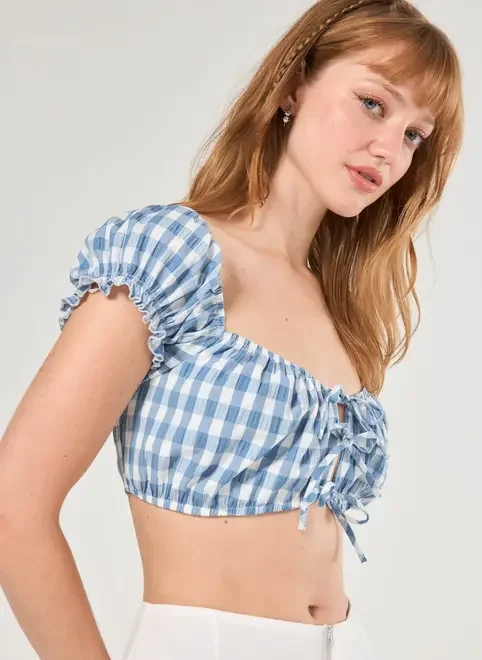 Cropped Xadrez Azul Lacinhos