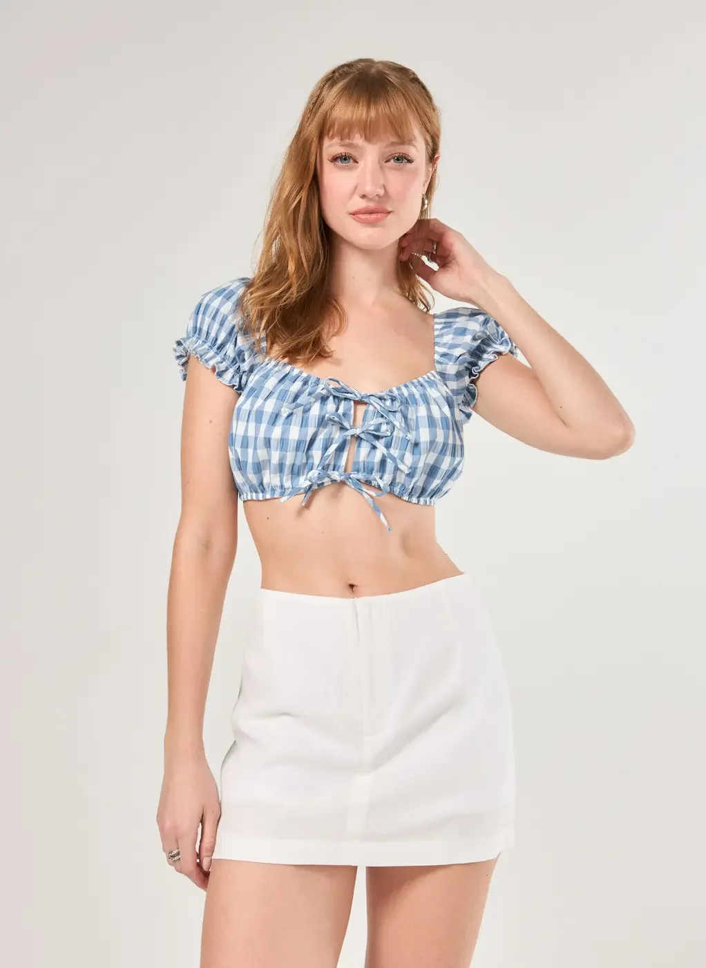 Cropped Xadrez Azul Lacinhos