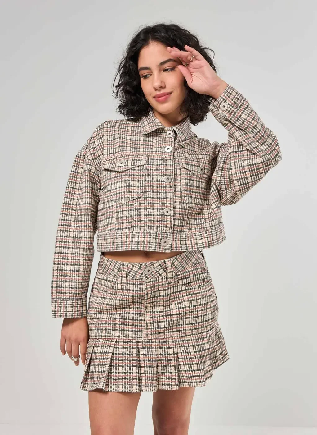 Jaqueta Cropped Sarja Xadrez