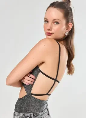 Body Lurex Preto Brilhante Recortes