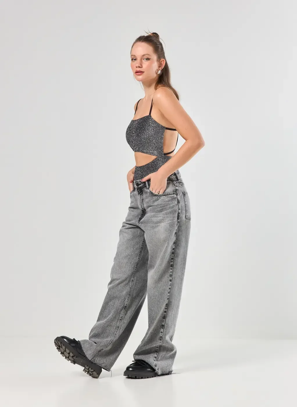 Body Lurex Preto Brilhante Recortes