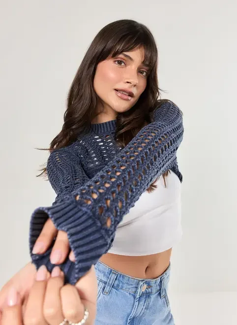 Super Cropped Em Tricô Azul-Marinho