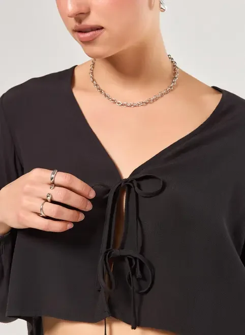 Cropped Manga Longa Amarração Frontal