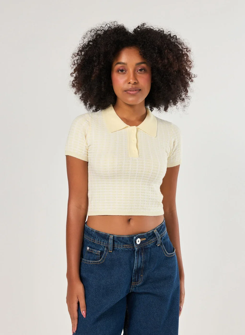 Cropped Polo Em Tricô Estampado