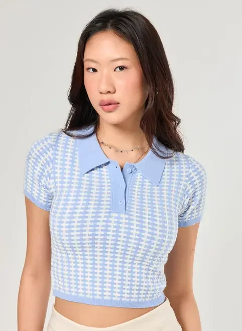 Cropped Polo Em Tricô Estampado