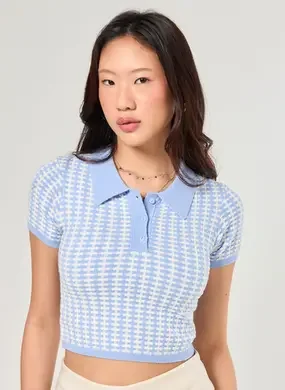 Cropped Polo Em Tricô Azul