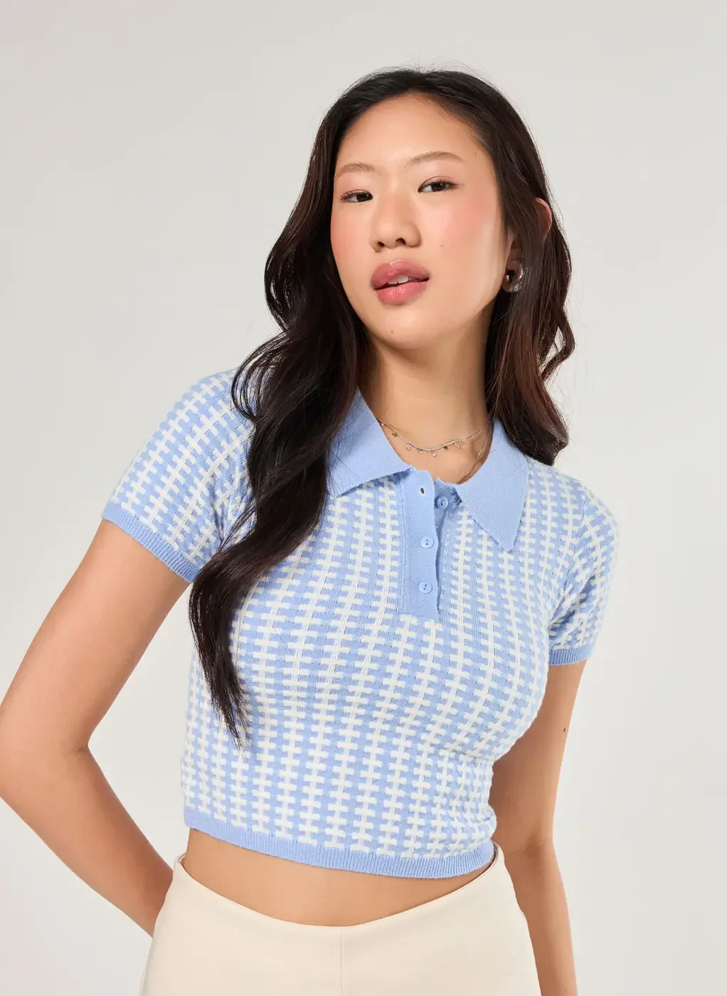 Cropped Polo Em Tricô Estampado