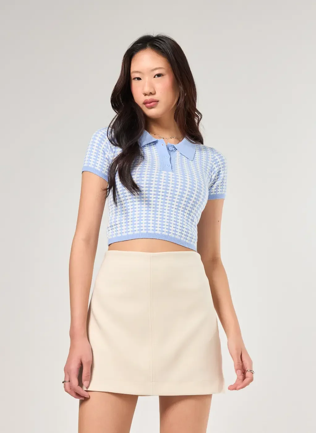 Cropped Polo Em Tricô Estampado