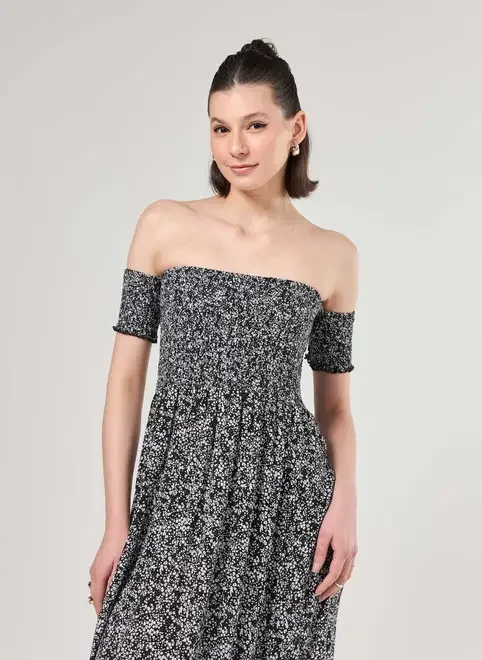 Vestido Midi Lastex Preto Florido