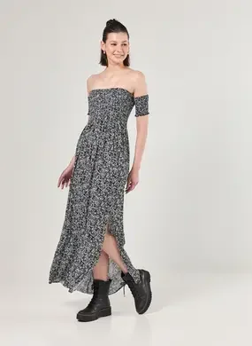 Vestido Midi Lastex Preto Florido