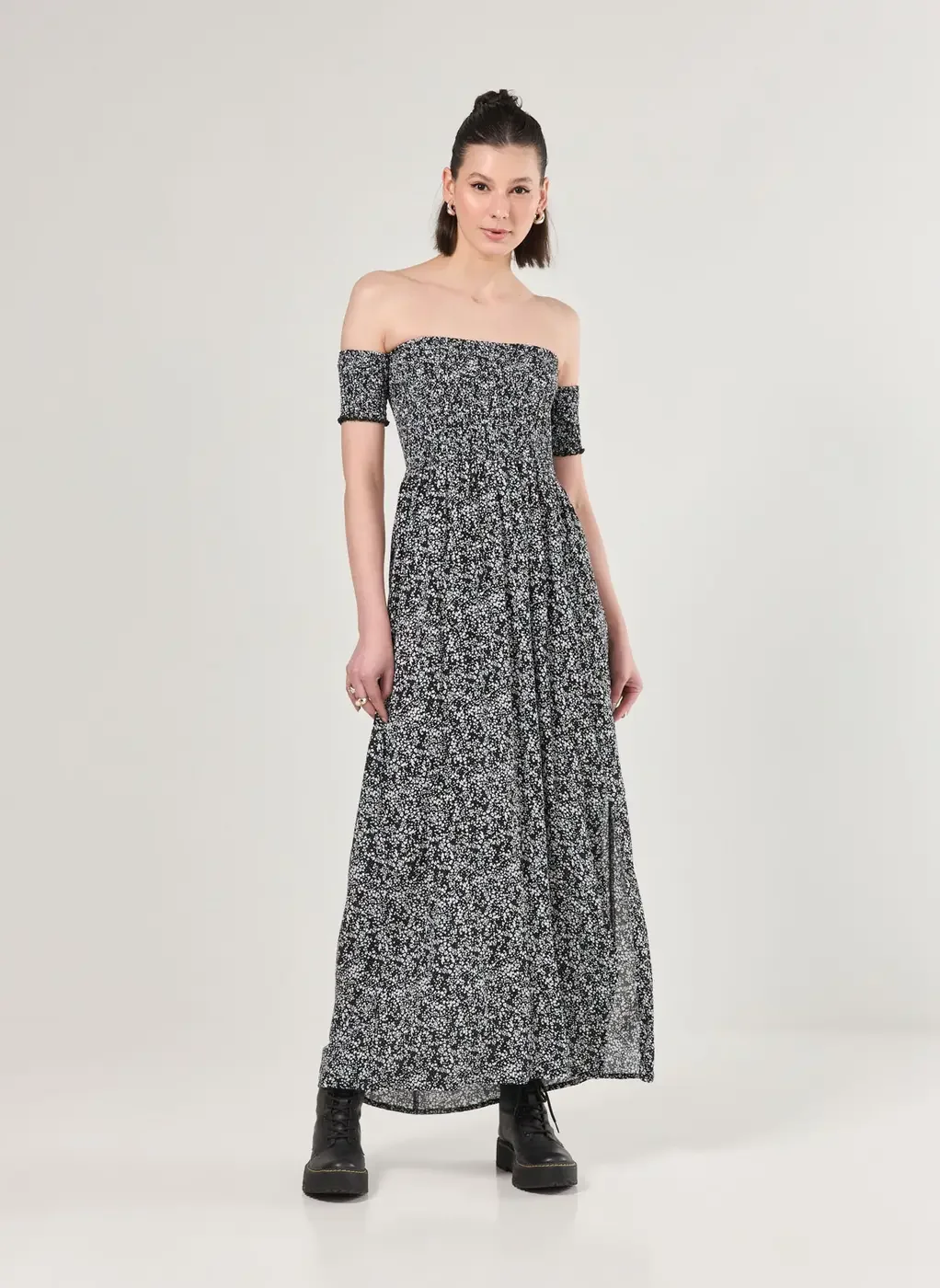 Vestido Midi Lastex Preto Florido