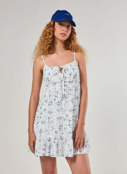 Vestido Curto Off-White Flores Azuis