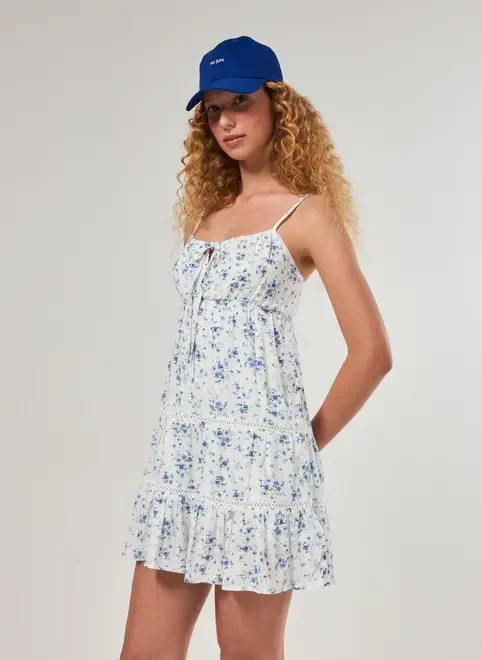 Vestido Curto Off-White Flores Azuis