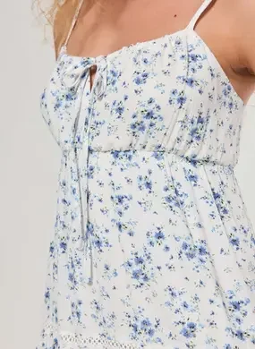 Vestido Curto Off-White Flores Azuis