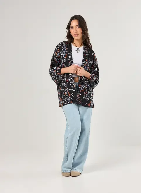 Kimono Preto Estampa Florida