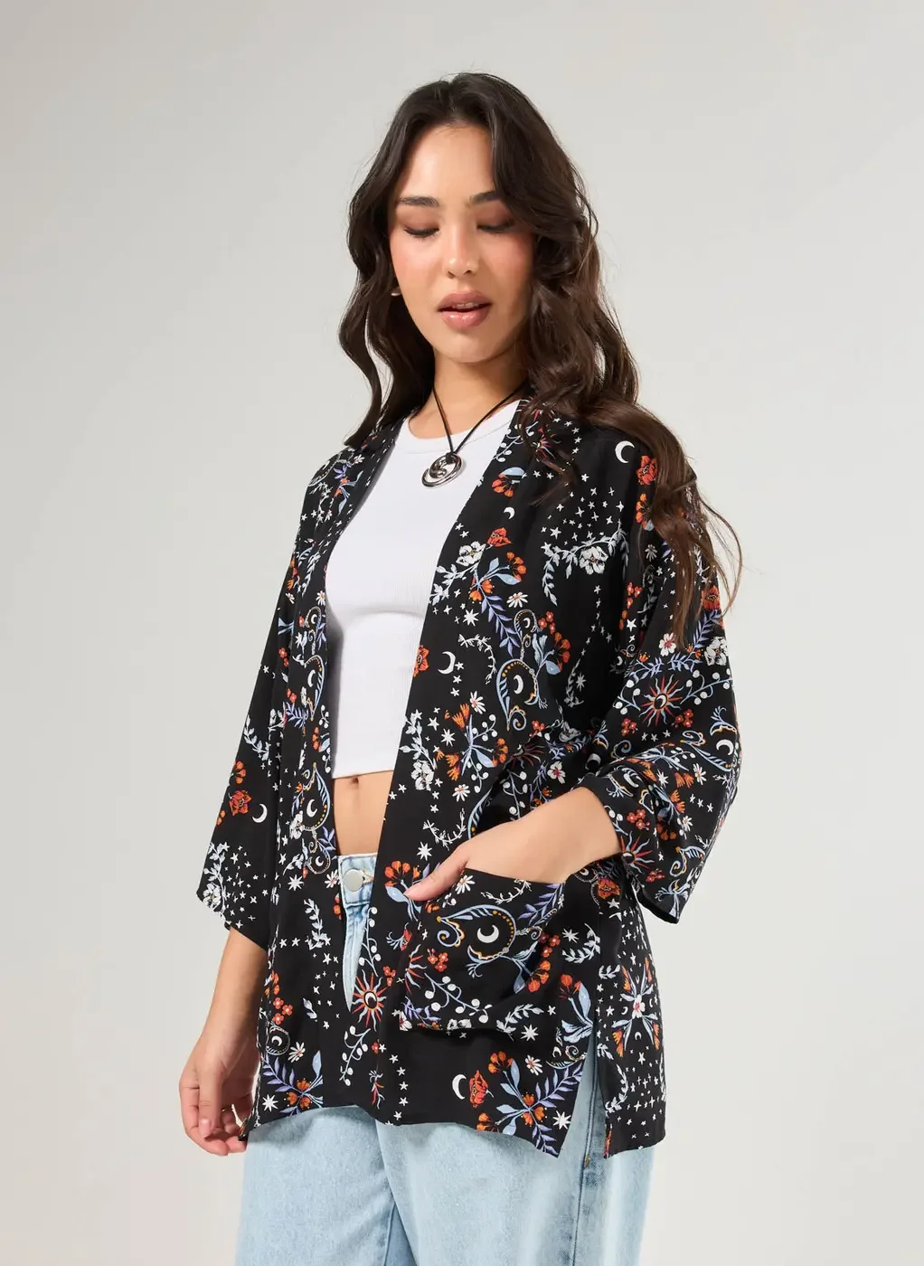 Kimono Preto Estampa Florida