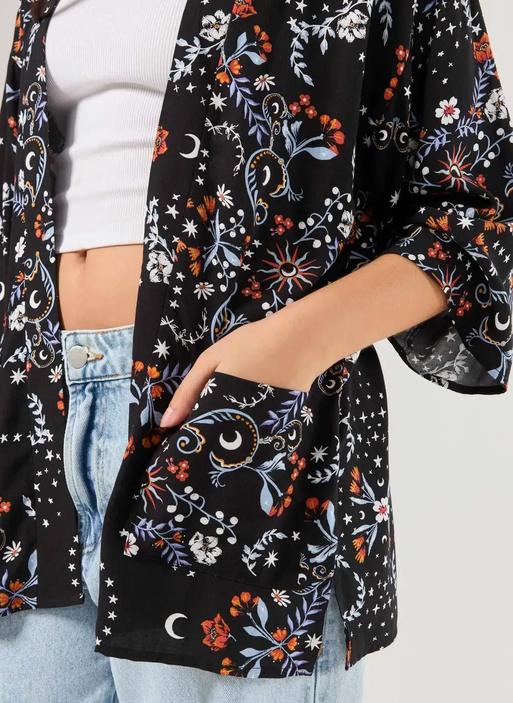 Kimono Preto Estampa Florida