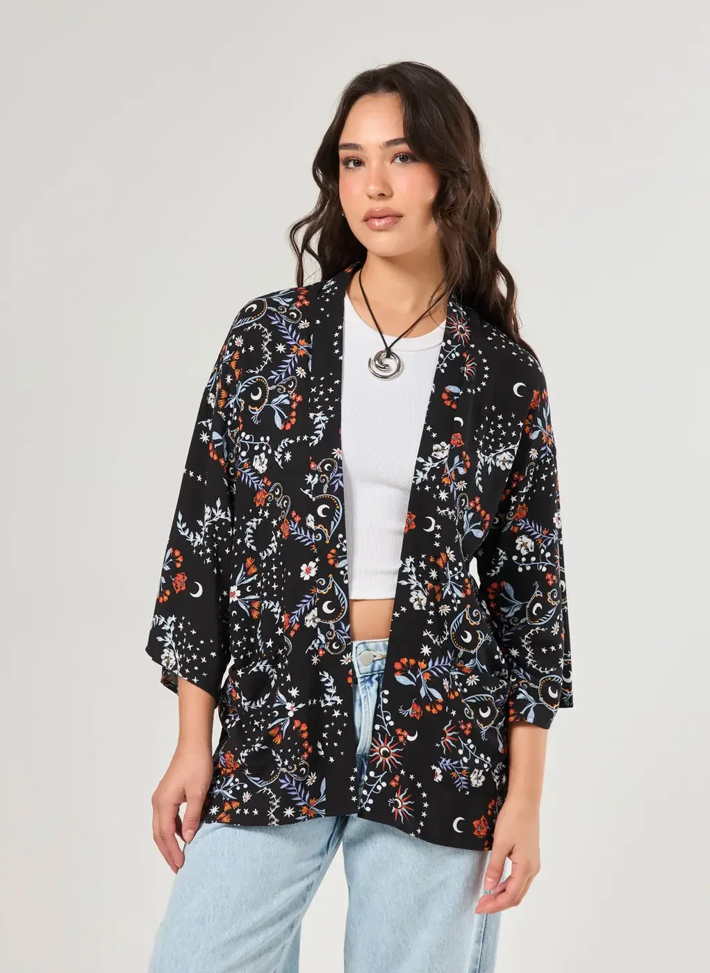 Kimono Preto Estampa Florida