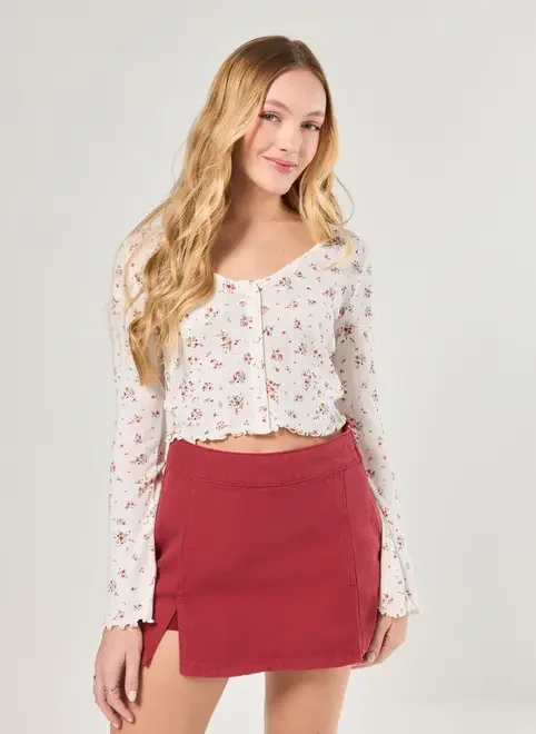 Cropped Manga Longa Florido Botões