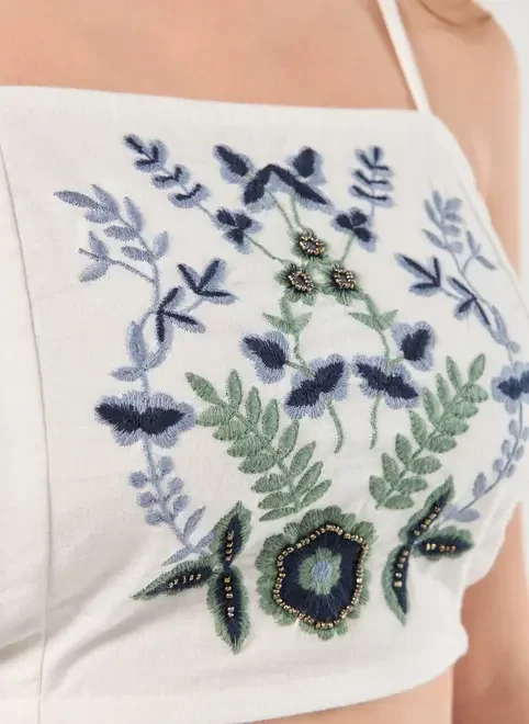 Cropped Linho Off-White Bordados