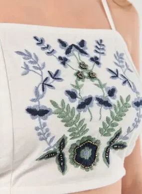 Cropped Linho Off-White Bordados