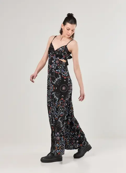 Vestido Longo Preto Estampa Florida