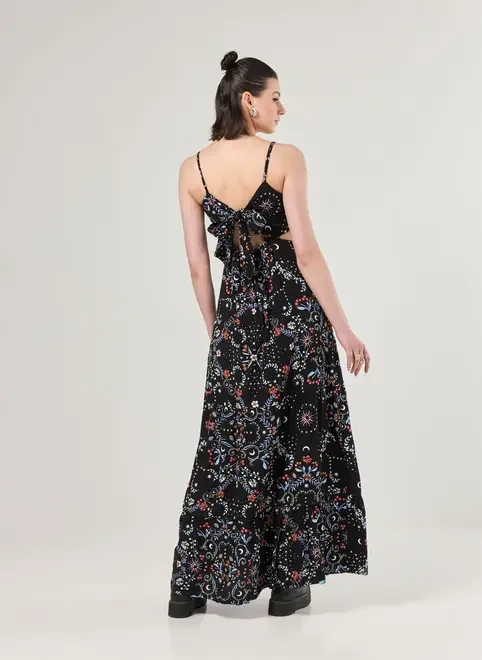 Vestido Longo Preto Estampa Florida