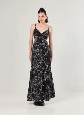 Vestido Longo Preto Estampa Florida