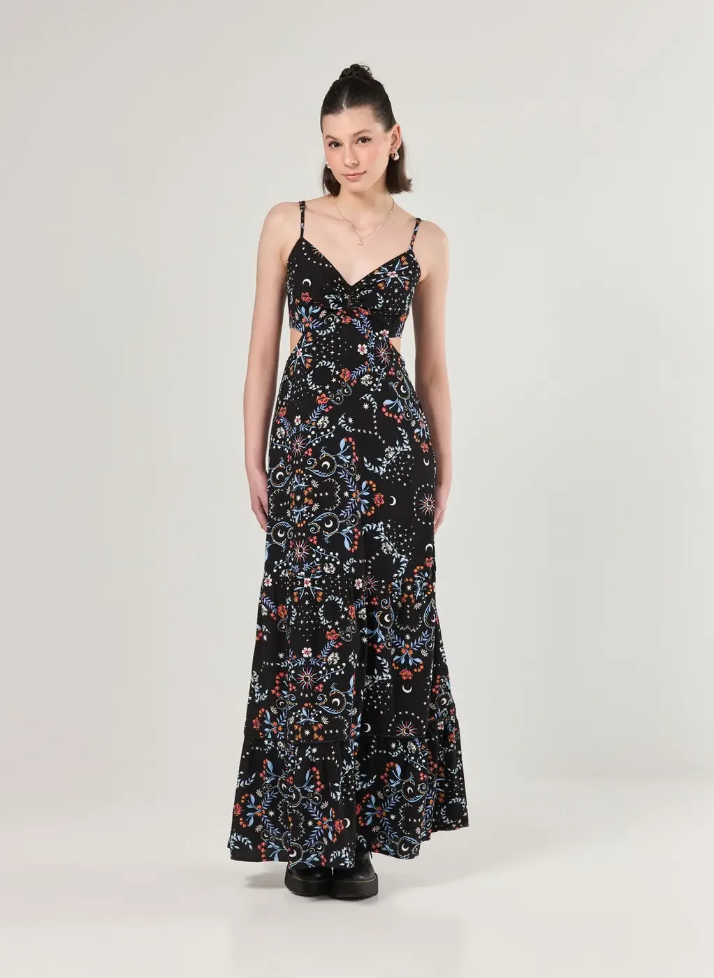 Vestido Longo Preto Estampa Florida