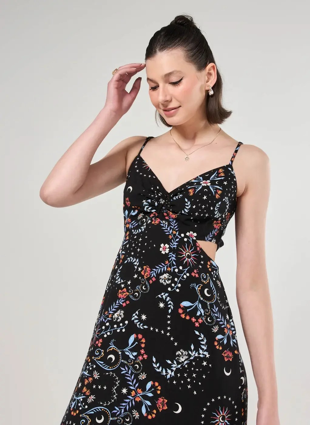 Vestido Longo Preto Estampa Florida