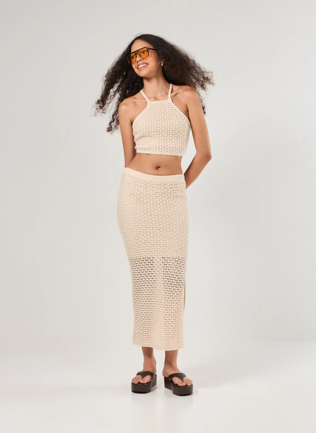 Cropped Tricô Areia Frente Única