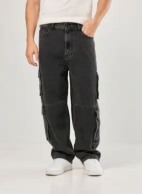 Calça Jeans Baggy Cargo