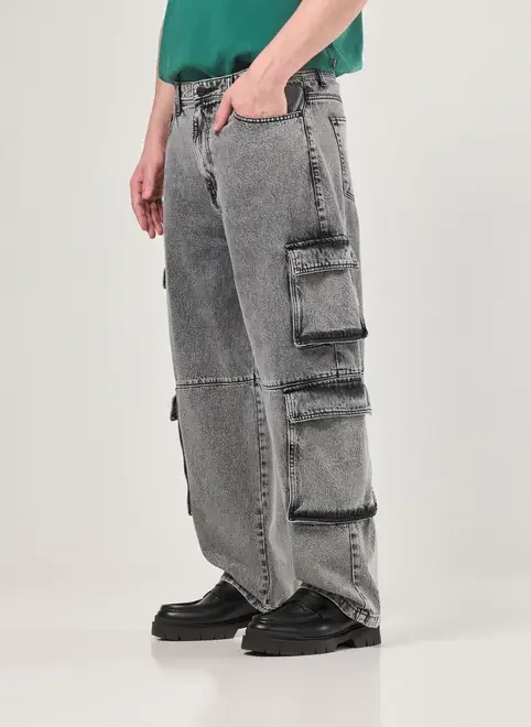 Calça Jeans Baggy Cargo