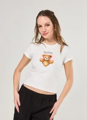 Blusa Manga Curta Branca Urso Coração
