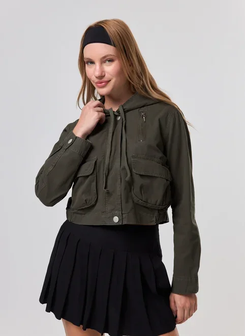 Jaqueta Sarja Verde Cropped Cargo
