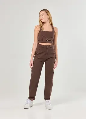 Calça Mom Sarja Marrom