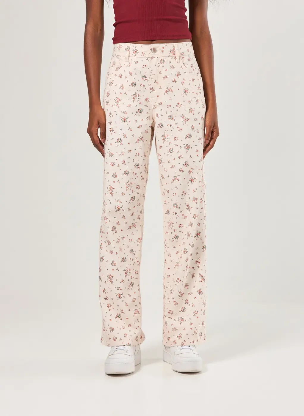Calça Wide Leg Sarja Off-White Florzinhas